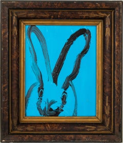 Sky Blue "Bunny Painting" Original Oil Painting in Vintage Frame