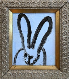 Lapin "Wood" sur fond bleu ciel peinture à l'huile sur bois encadrée