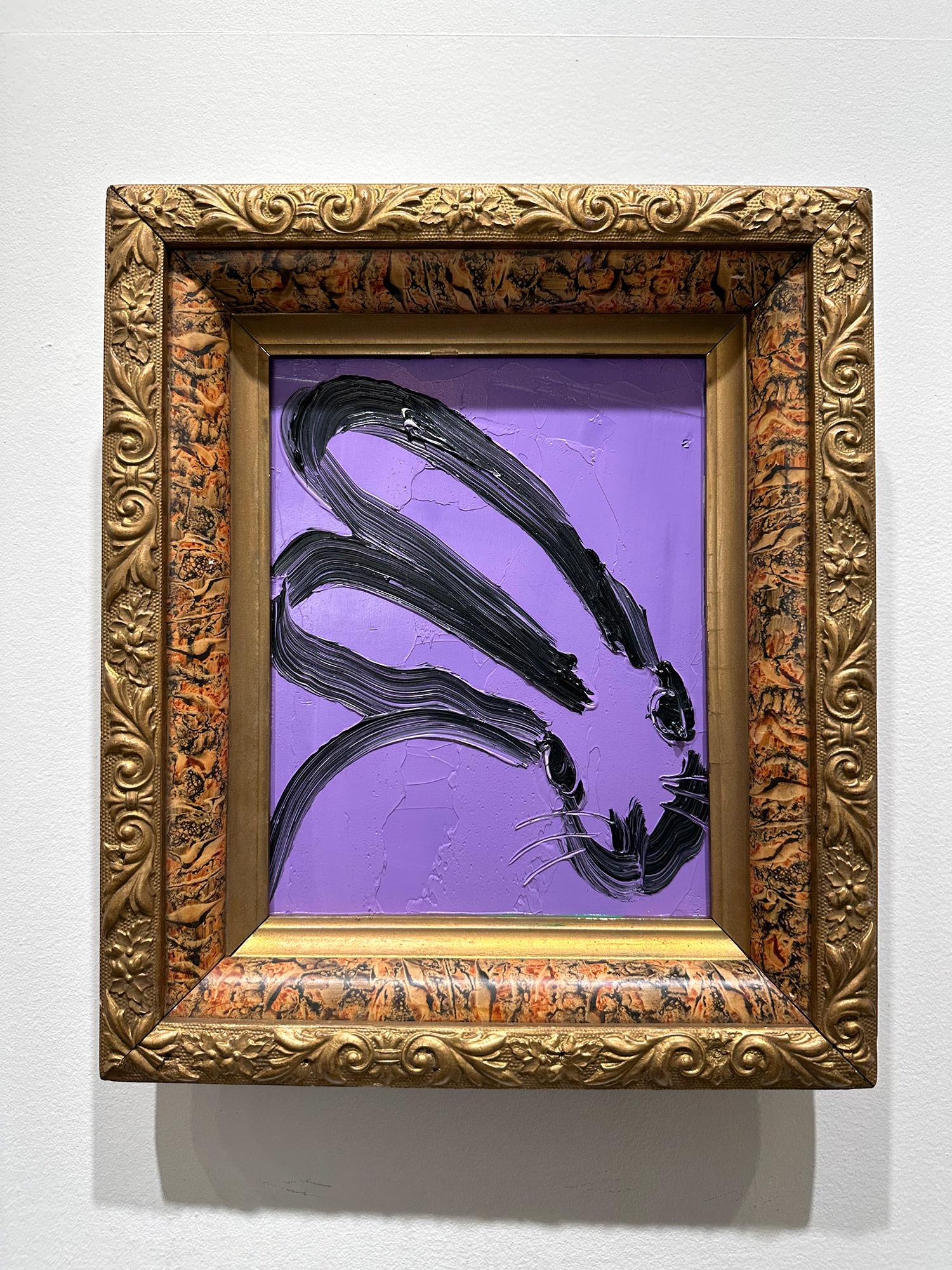 „Sonia“ Schwarzer Hase auf lila Hintergrund, Ölgemälde auf Holzplatte, gerahmt im Angebot 7
