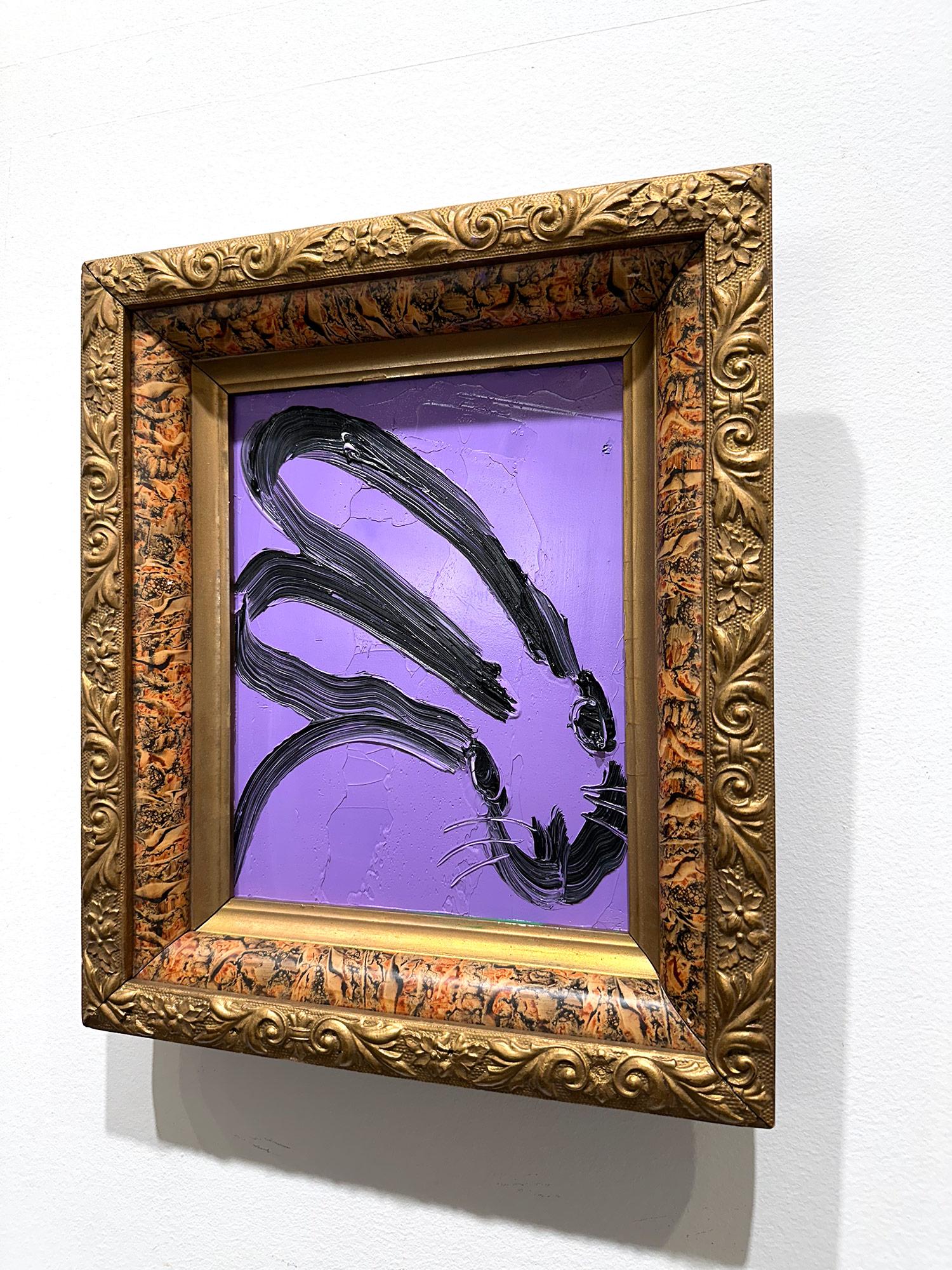 „Sonia“ Schwarzer Hase auf lila Hintergrund, Ölgemälde auf Holzplatte, gerahmt im Angebot 8