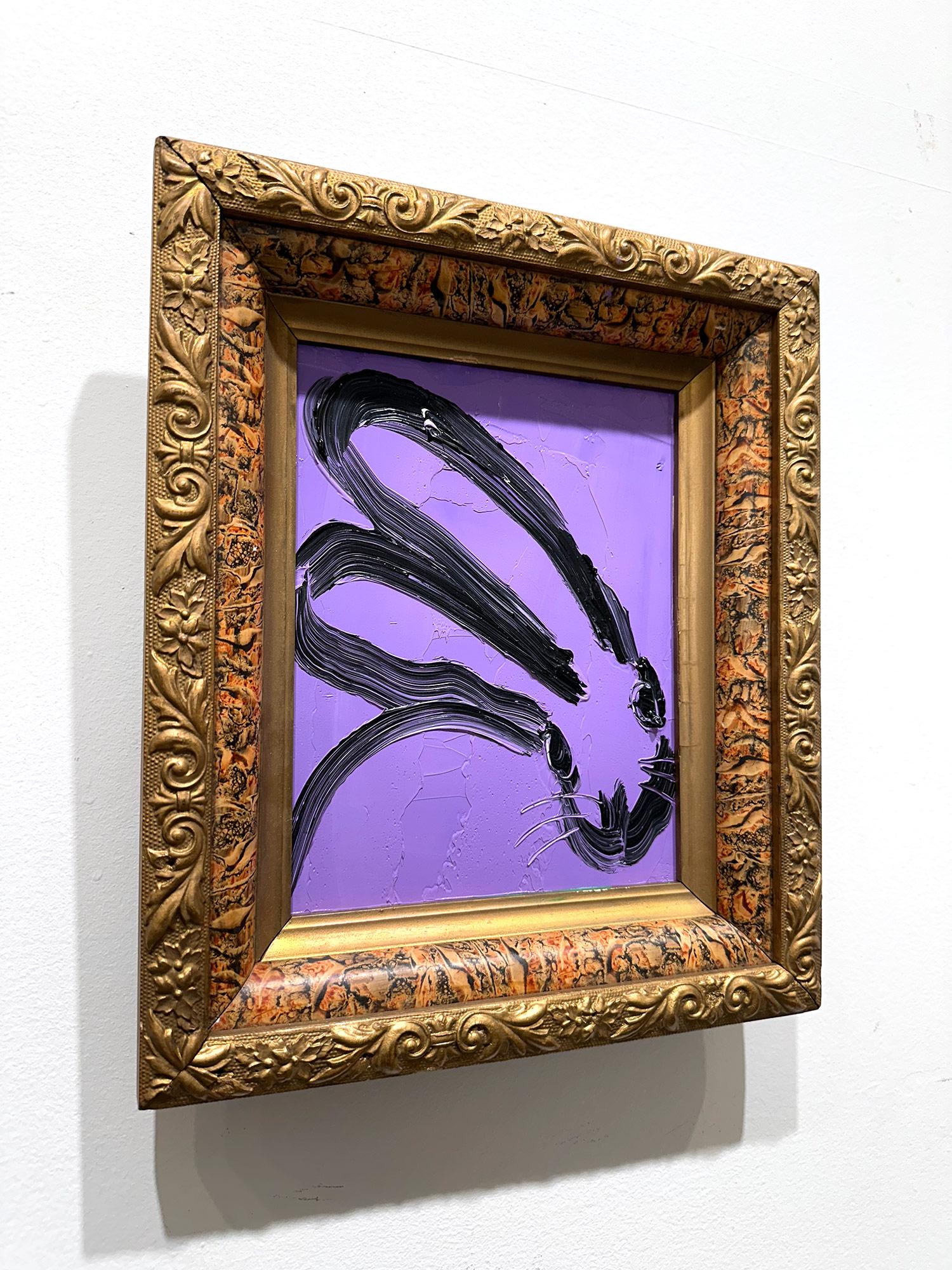 „Sonia“ Schwarzer Hase auf lila Hintergrund, Ölgemälde auf Holzplatte, gerahmt im Angebot 9