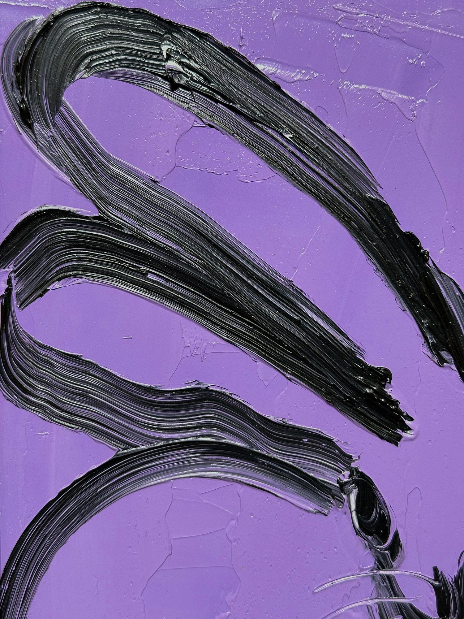 A wonderful composition of one of Slonem's most iconic subjects, Bunnies. This piece depicts a gestural figure of a black bunny on a Purple Lavender background with thick use of paint. It is housed in a wonderful black frame with silver details.