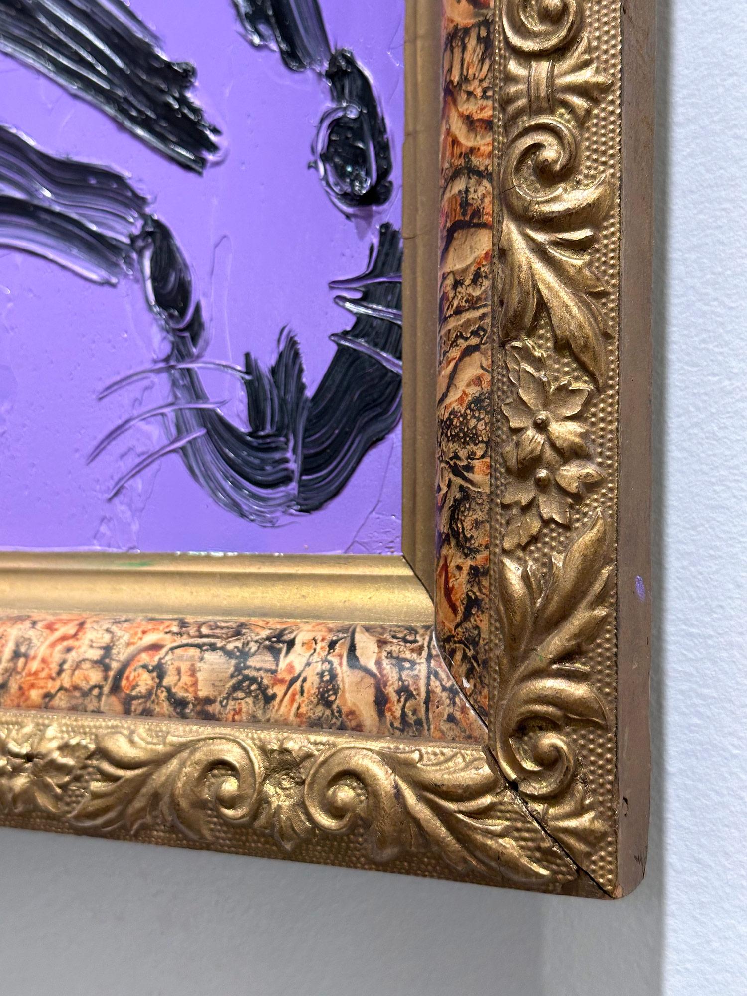 „Sonia“ Schwarzer Hase auf lila Hintergrund, Ölgemälde auf Holzplatte, gerahmt im Angebot 5