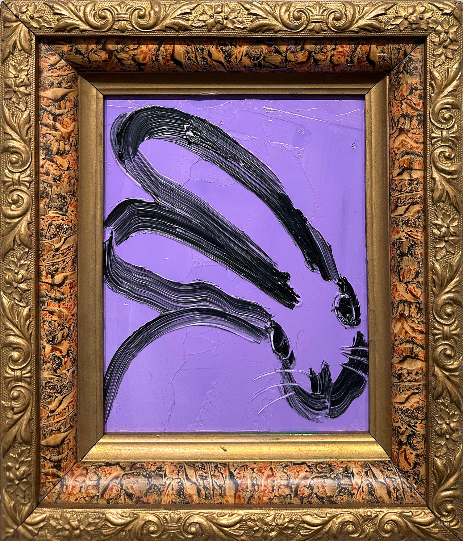 "Sonia" Black Bunny on Purple Background Oil Painting on Wood Panel Framed