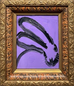 Vintage "Sonia" Black Bunny on Purple Background Oil Painting on Wood Panel Framed