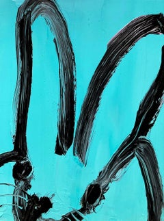 "Spa" Black Outline Bunny on Teal Blue Oil Painting on Panel in Antique Frame