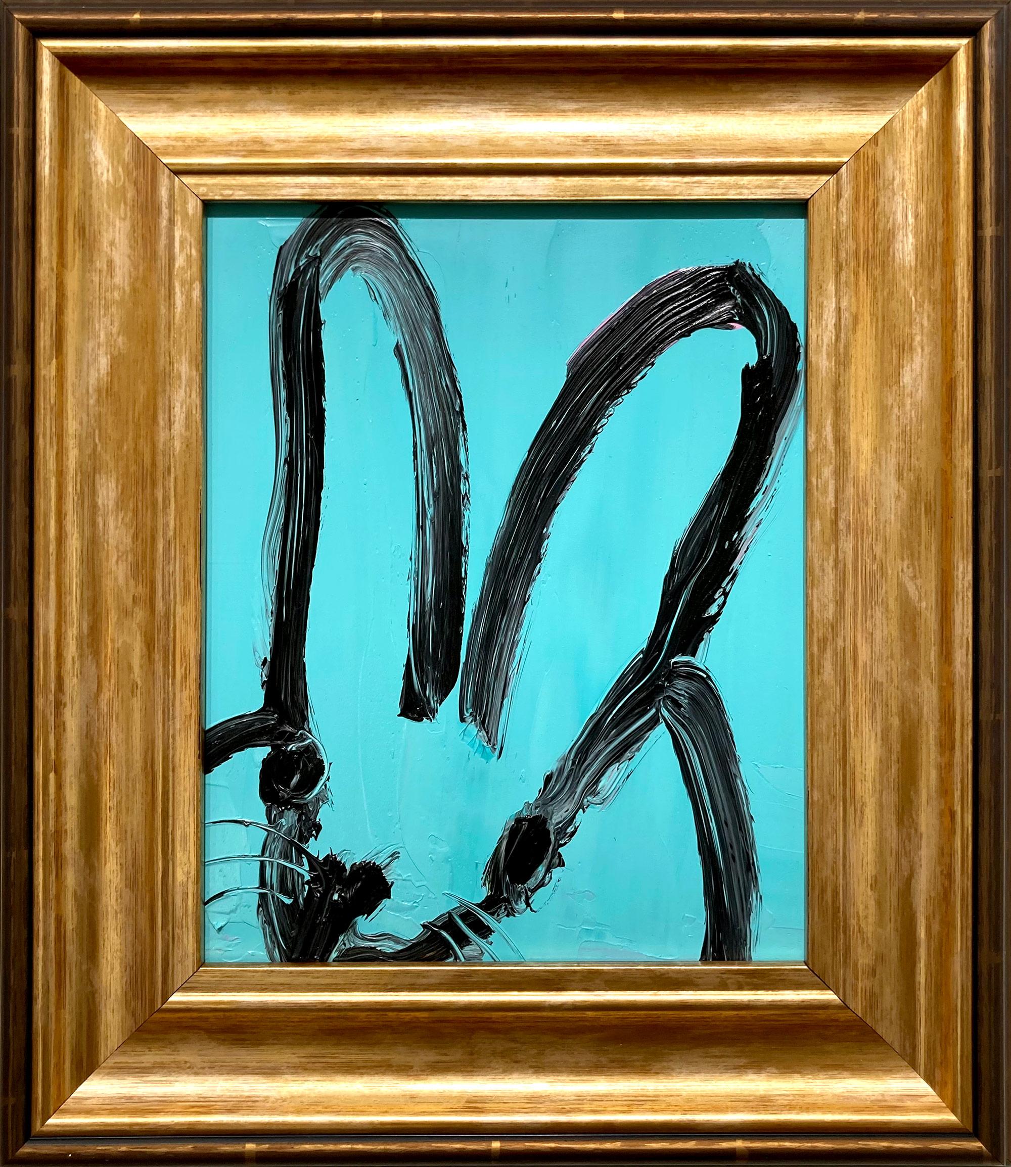 "Spa" Coniglietto dai contorni neri su pannello blu acqua con cornice antica