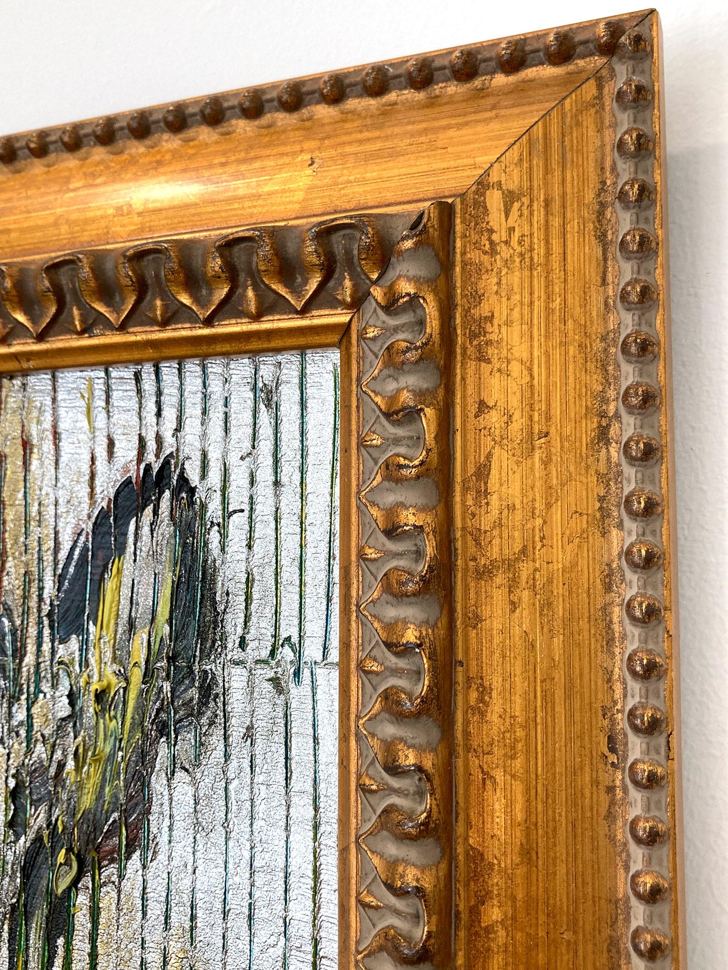 Peinture à l'huile «pice Bush » représentant des papillons multicolores sur fond argenté avec appliques en vente 3