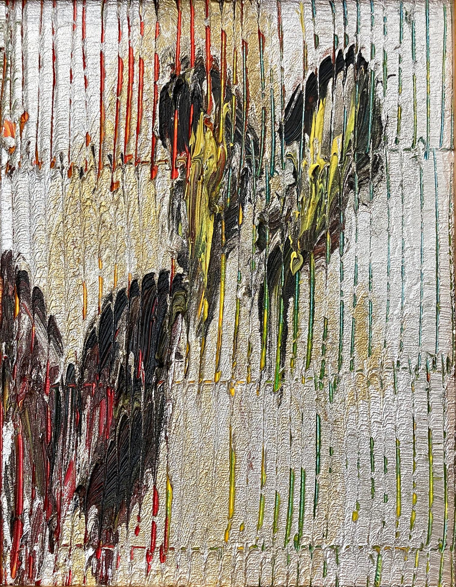 Peinture à l'huile «pice Bush » représentant des papillons multicolores sur fond argenté avec appliques - Painting de Hunt Slonem