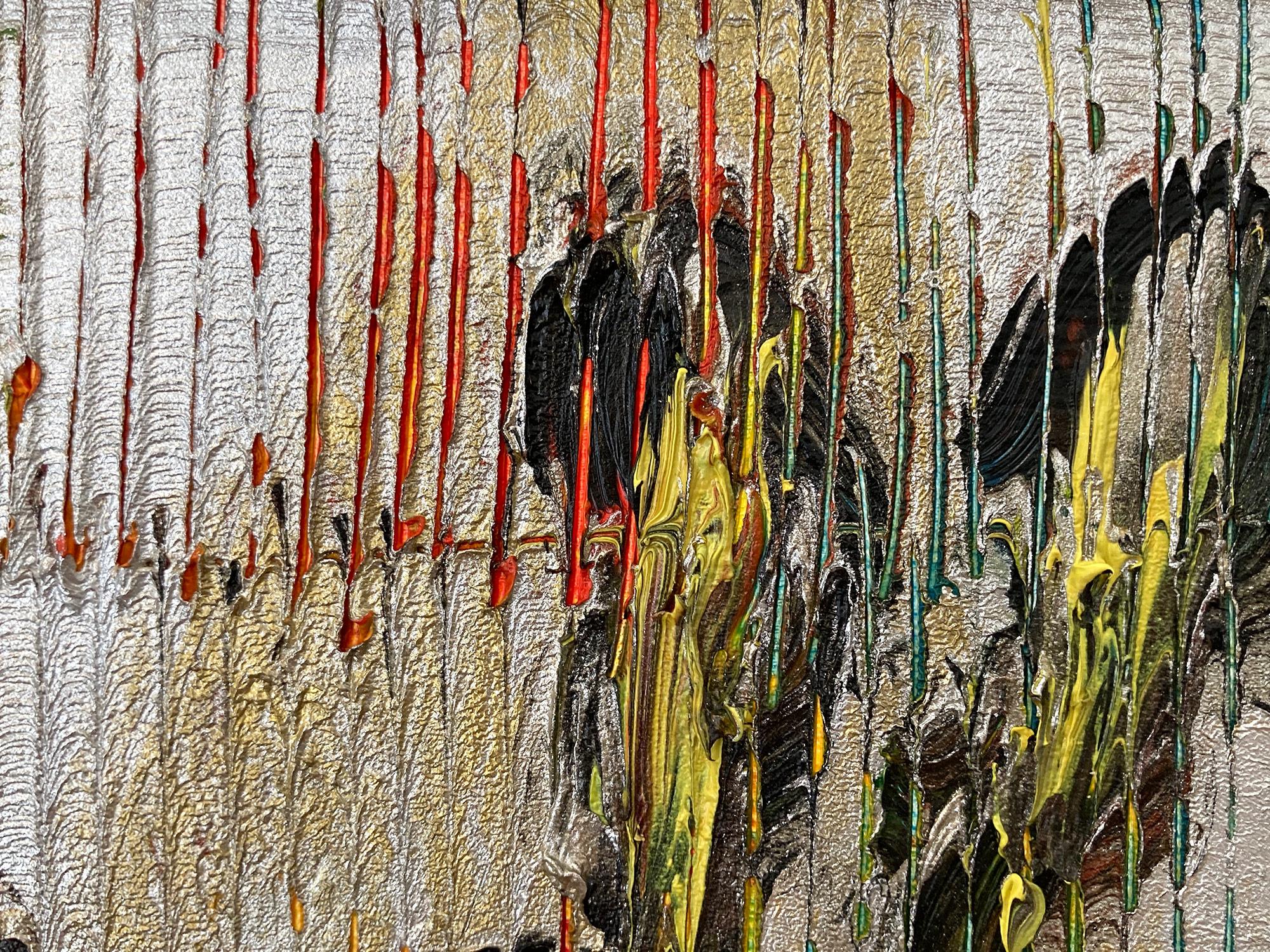 Peinture à l'huile «pice Bush » représentant des papillons multicolores sur fond argenté avec appliques - Marron Animal Painting par Hunt Slonem