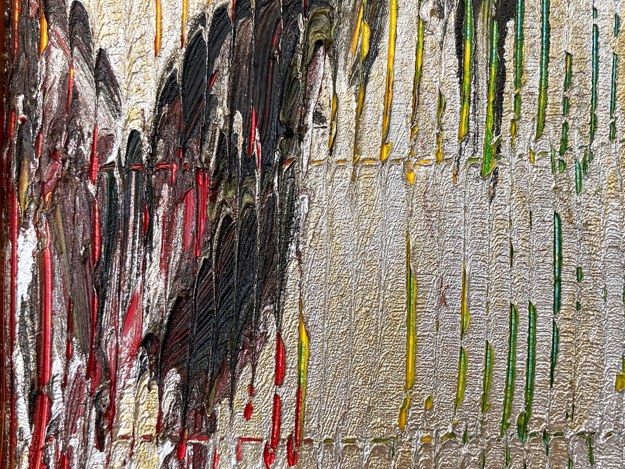 Peinture à l'huile «pice Bush » représentant des papillons multicolores sur fond argenté avec appliques en vente 1