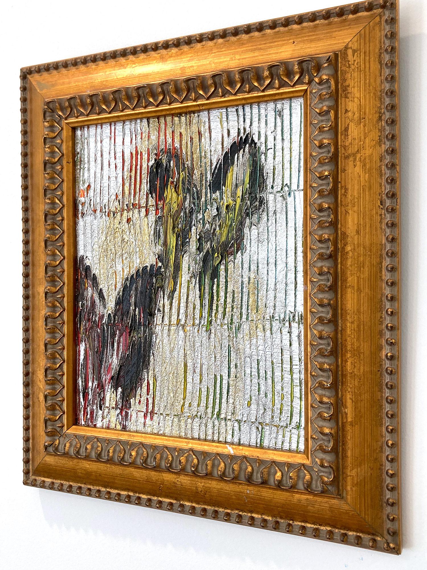 Peinture à l'huile «pice Bush » représentant des papillons multicolores sur fond argenté avec appliques en vente 9