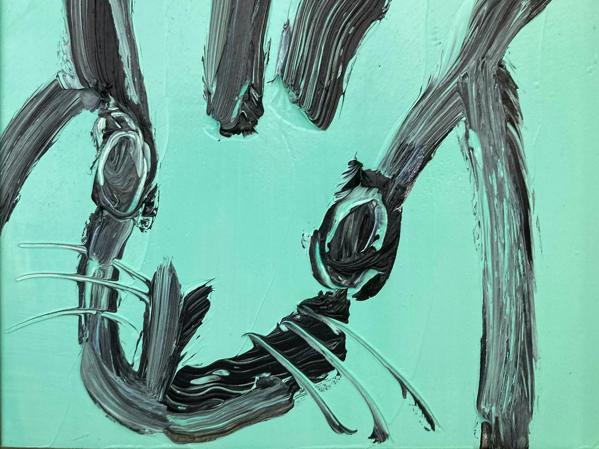 Una maravillosa composición de uno de los temas más icónicos de Slonem, los conejitos. Esta pieza representa una figura gestual de un conejito negro sobre fondo turquesa de Belice, con un uso espeso de la pintura. Está alojada en un maravilloso