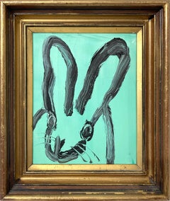 Peinture à l'huile "St. Barths" lapin noir sur fond turquoise dans un cadre ancien