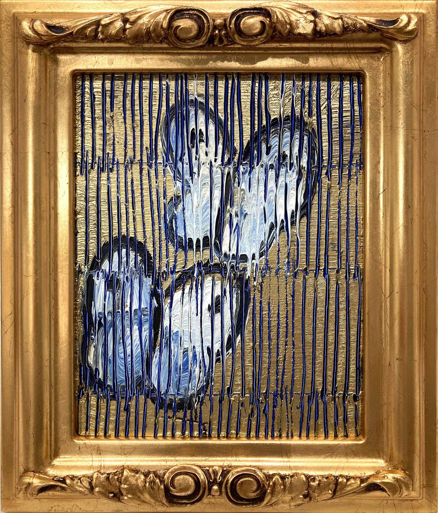 Hunt Slonem Animal Painting - "St. Theresa 3" White and Blue Butterflies on Gold Background with Scoring 