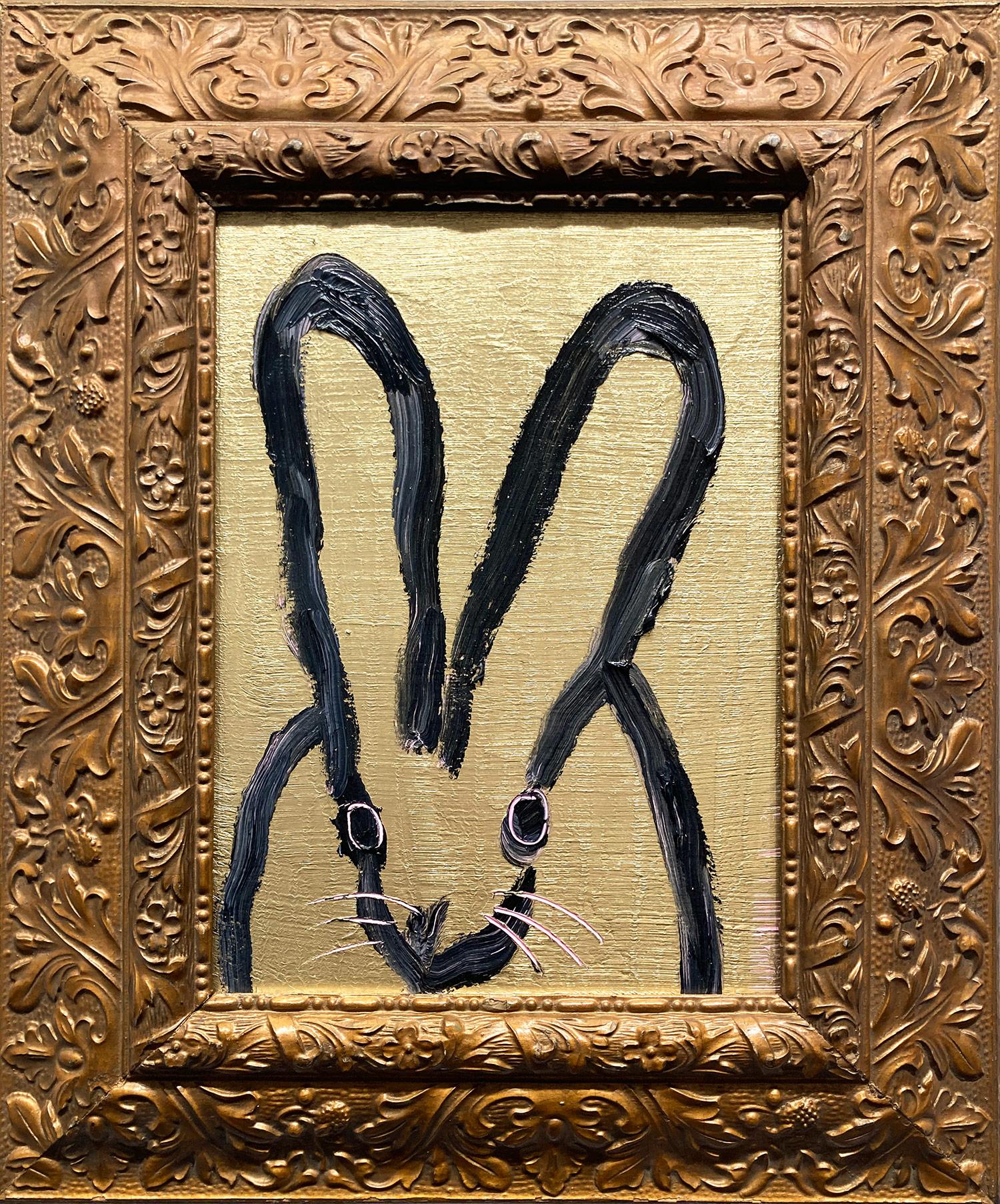 "Stance" Black Outlined Bunny on Gold Background Oil Painting on Wood Panel