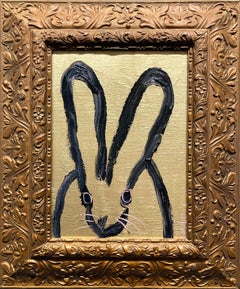 Antique "Stance" Black Outlined Bunny on Gold Background Oil Painting on Wood Panel