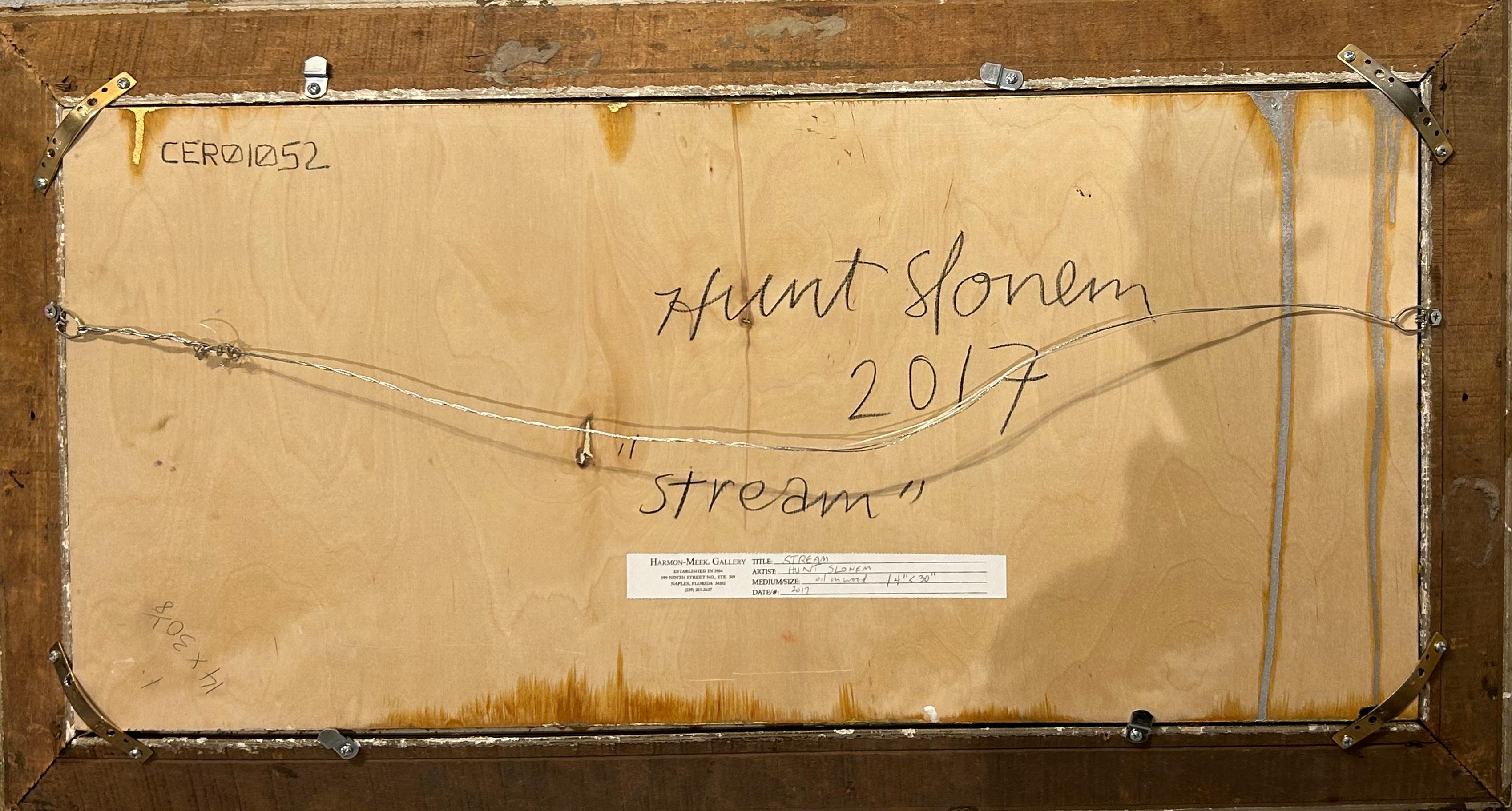 Artist:  Slonem, Hunt
Title:  Stream
Date:  2017
Medium:  Oil on wood
Unframed Dimensions:  14