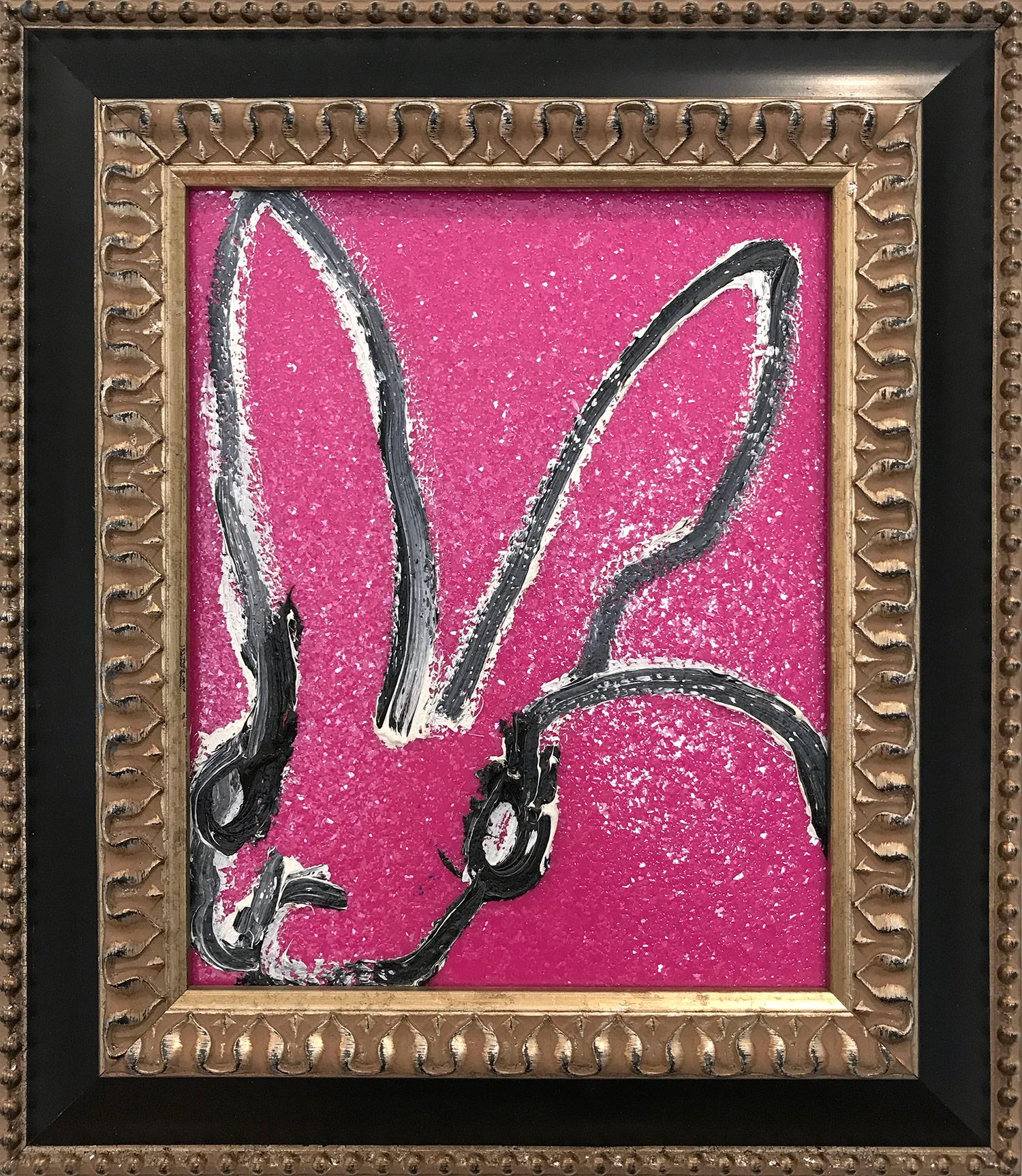 Hunt Slonem Abstract Painting - "Sue" (Resin and Diamond Dust Bunny on Fuchsia) Oil Painting on Wood Panel