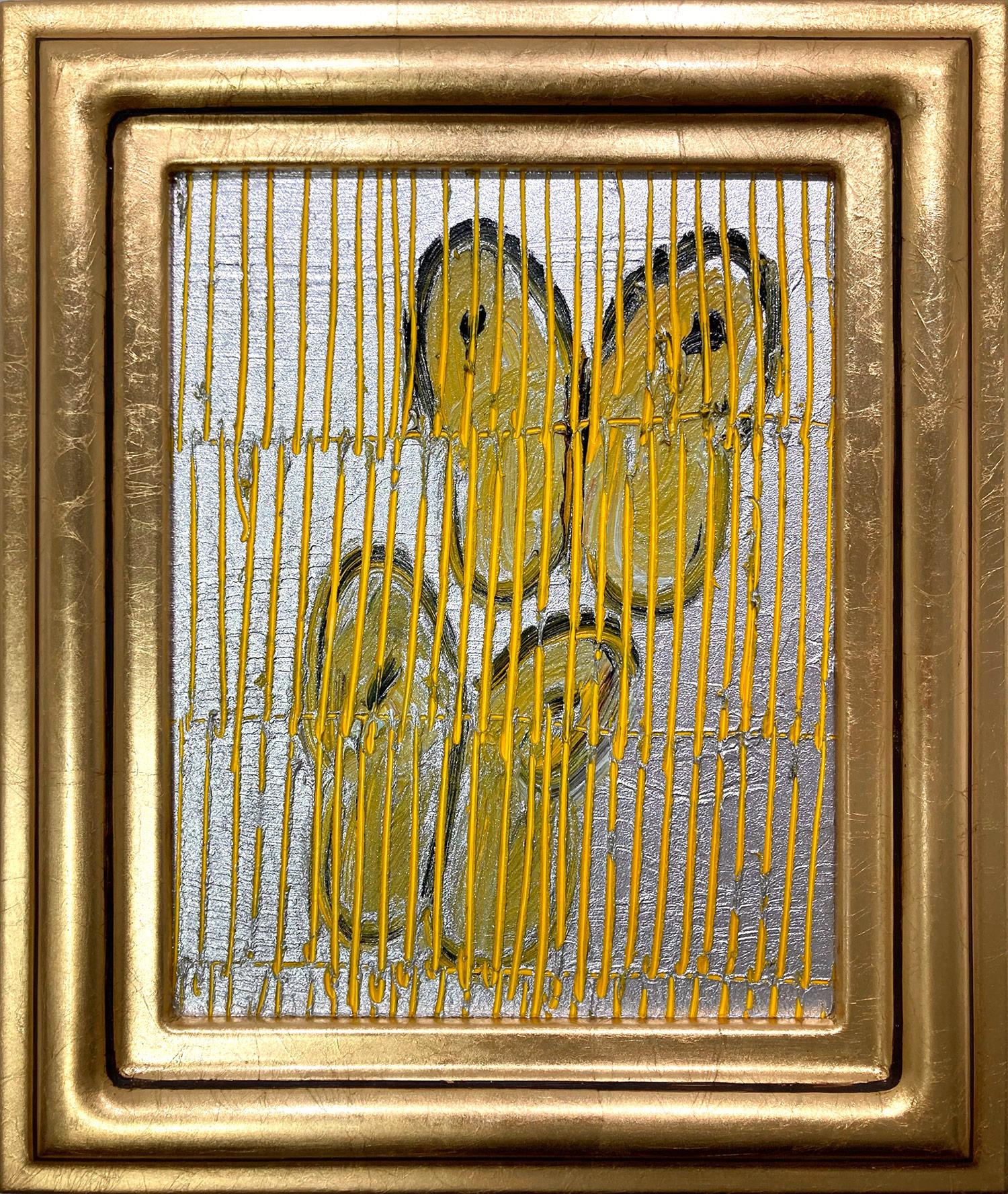 Hunt Slonem Animal Painting - "Sulphurs" Yellow and Black Butterflies on Silver Background with Scoring 