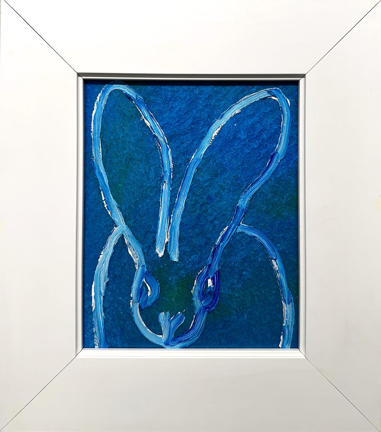 Hunt Slonem Abstract Painting - "Summer Dip" White Bunny on Sapphire Blue Background Oil Painting Wood Framed 