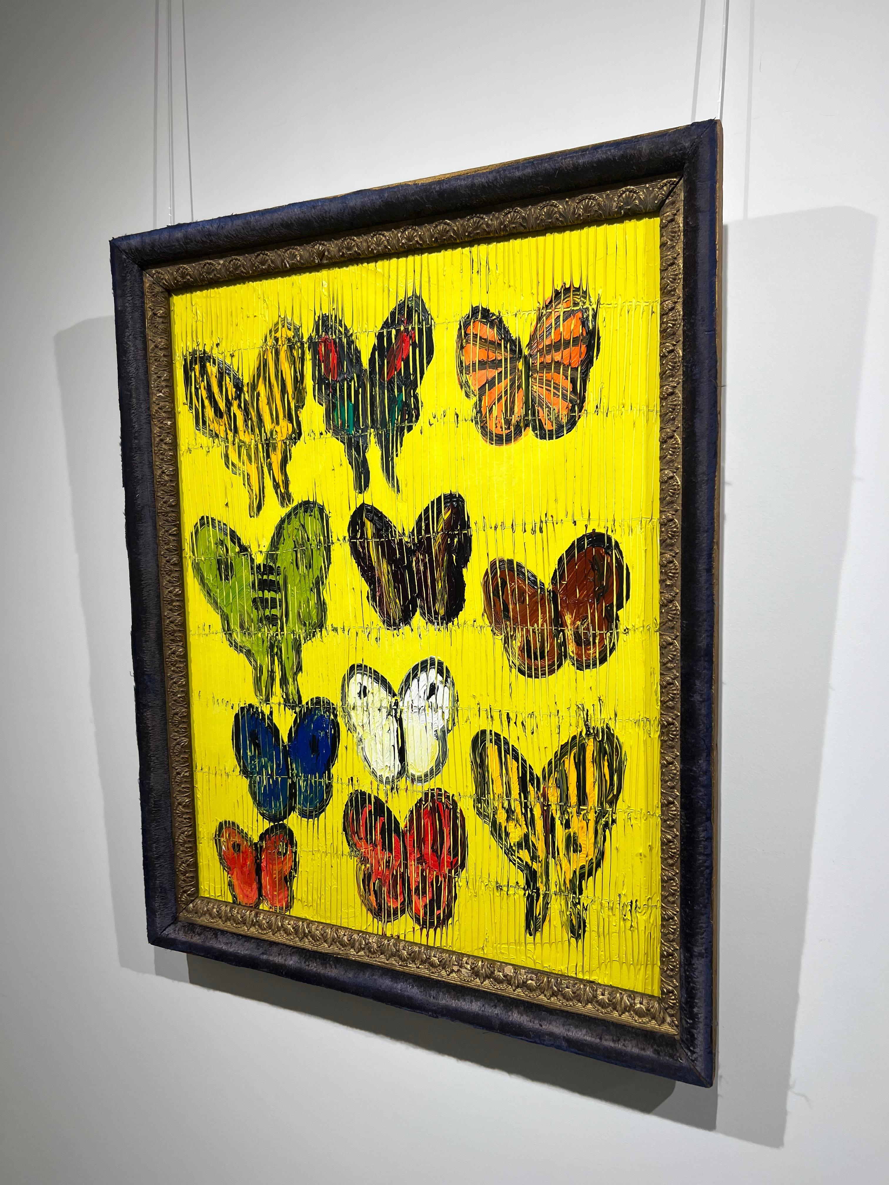 Original and unique artwork by Hunt Slonem.
Oil on wood
orange, red, purple, green, blue, multiple multicolored butterflies on a scoredyellow background, framed.
2025

Painting is framed, as seen in the images. Framed dimension 25,5 x 20.5