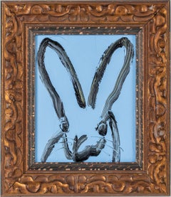 Sunday "Bunny Painting" Light Blue Original Oil Painting in Vintage Frame