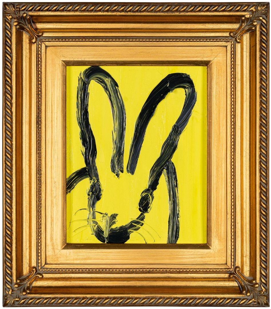 Hunt Slonem Animal Painting - "Sunny" Yellow and Black Bunny Original Oil painting in Vintage Frame