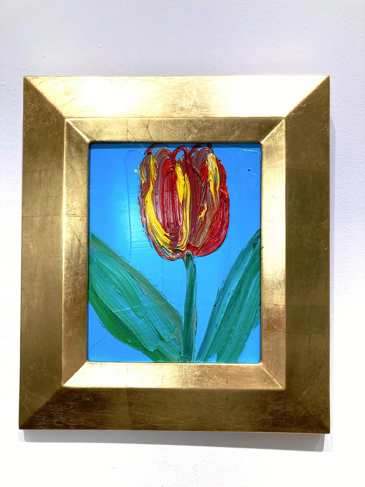 Peinture à l'huile Talley, tulipe rouge et jaune sur fond bleu céruléen en vente 8