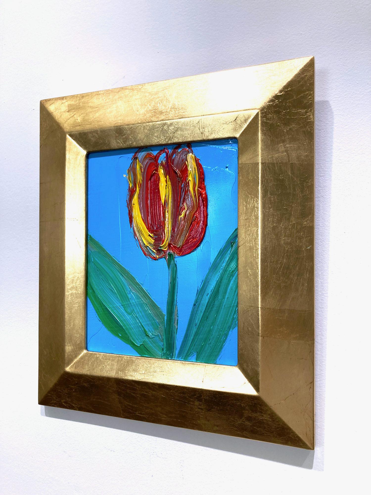 Peinture à l'huile Talley, tulipe rouge et jaune sur fond bleu céruléen en vente 9