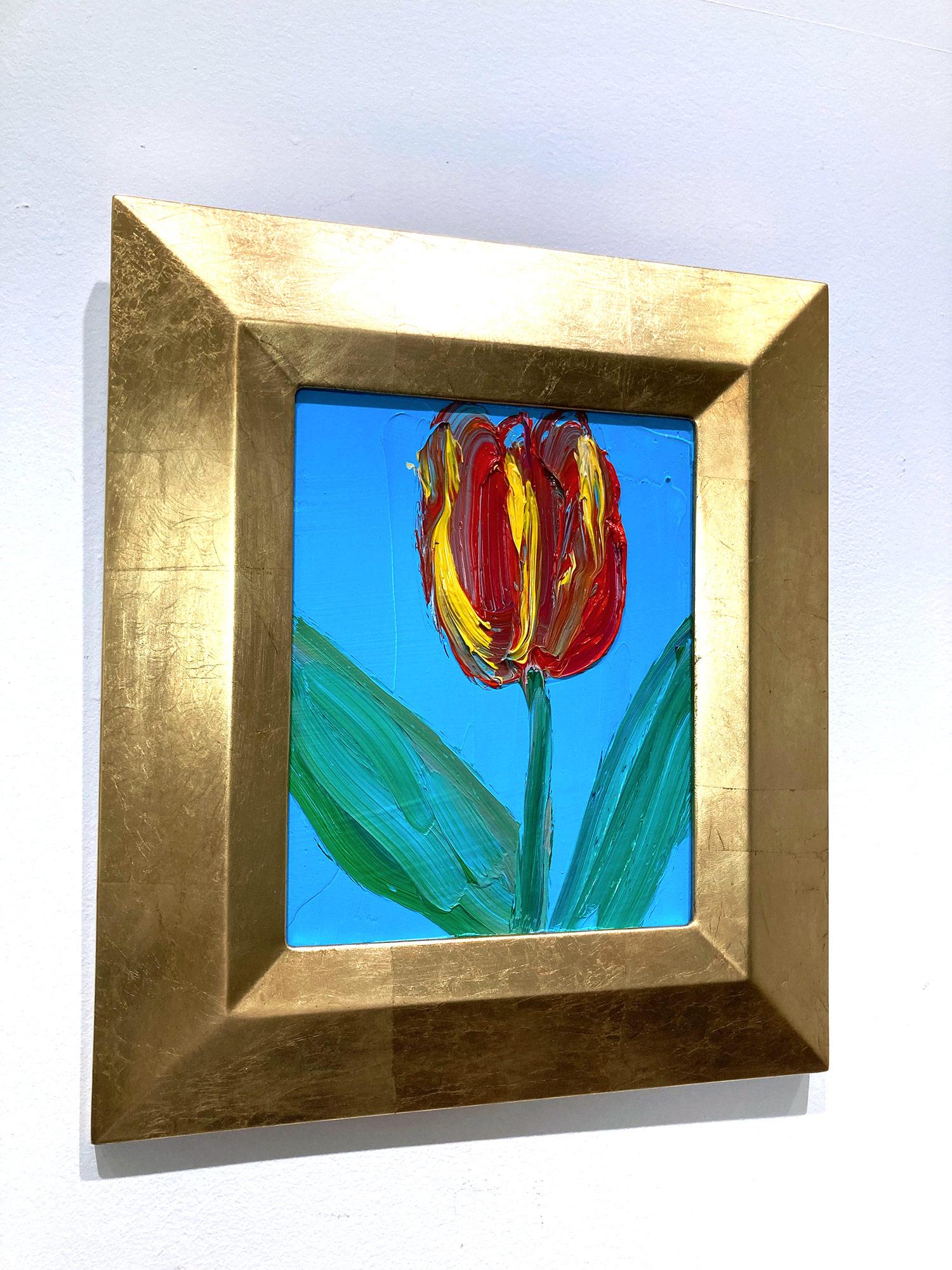 Peinture à l'huile Talley, tulipe rouge et jaune sur fond bleu céruléen en vente 10