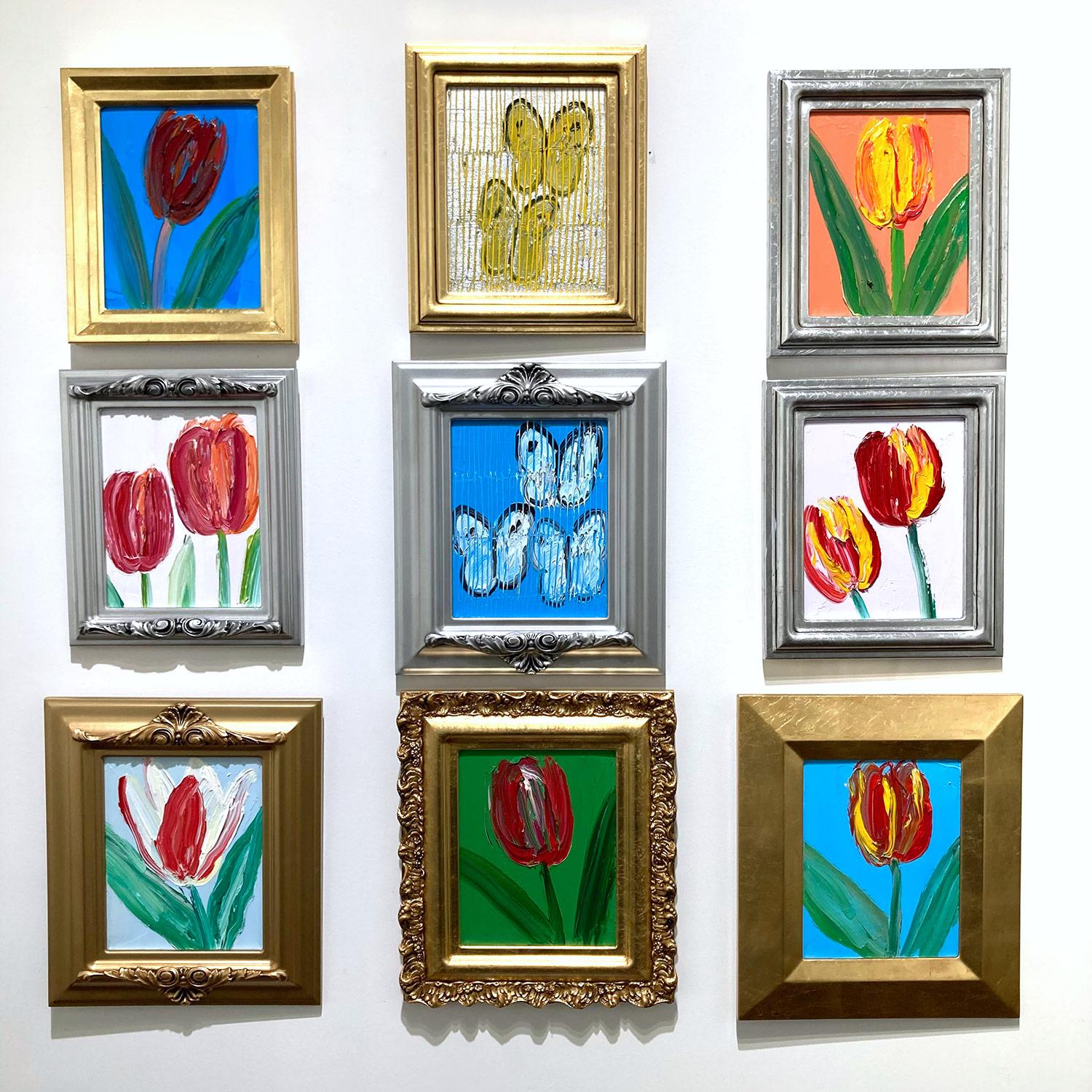 Peinture à l'huile Talley, tulipe rouge et jaune sur fond bleu céruléen en vente 13