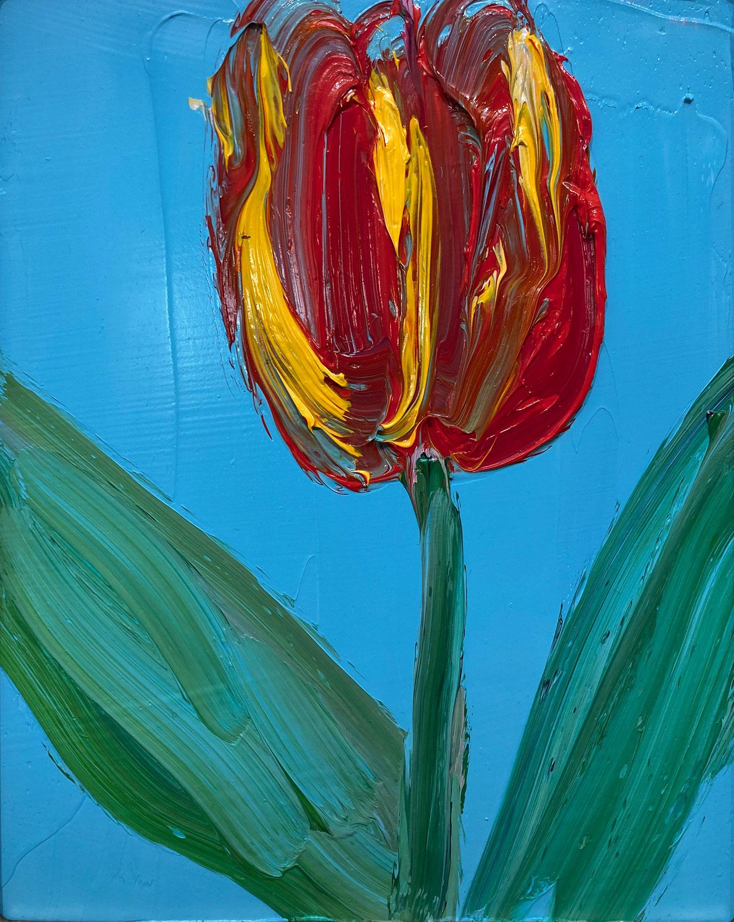 A wonderful composition of one of Slonem's newest series, Tulips. This piece depicts gestural figure of a red and yellow Tulip on a cerulean blue background with thick use of paint. Inspired by nature and a genuine love for animals, Slonem's