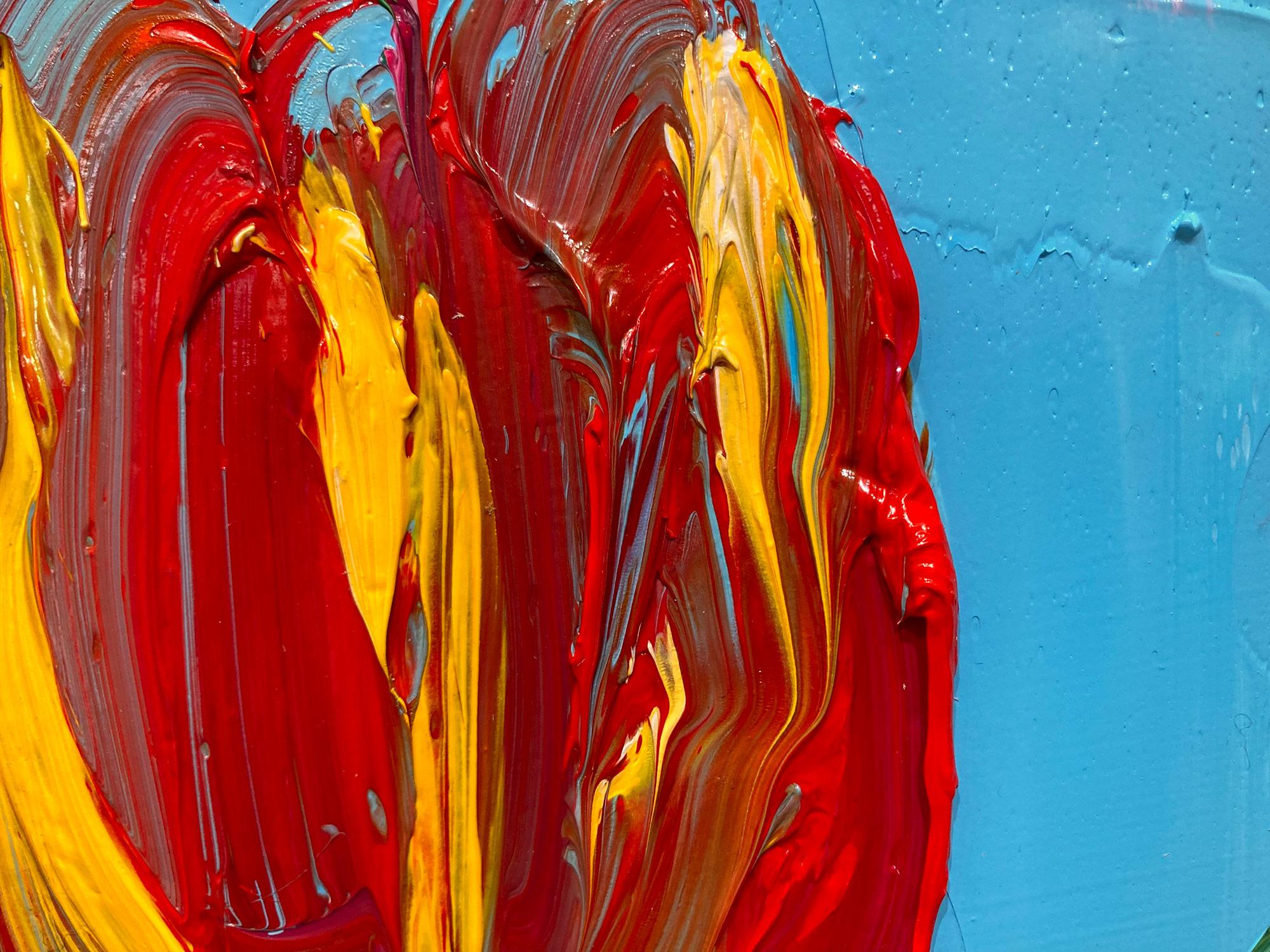 „Talley“ Rot-gelbe Tulpe auf keramischem blauem Hintergrund, Ölgemälde, gerahmt im Angebot 3