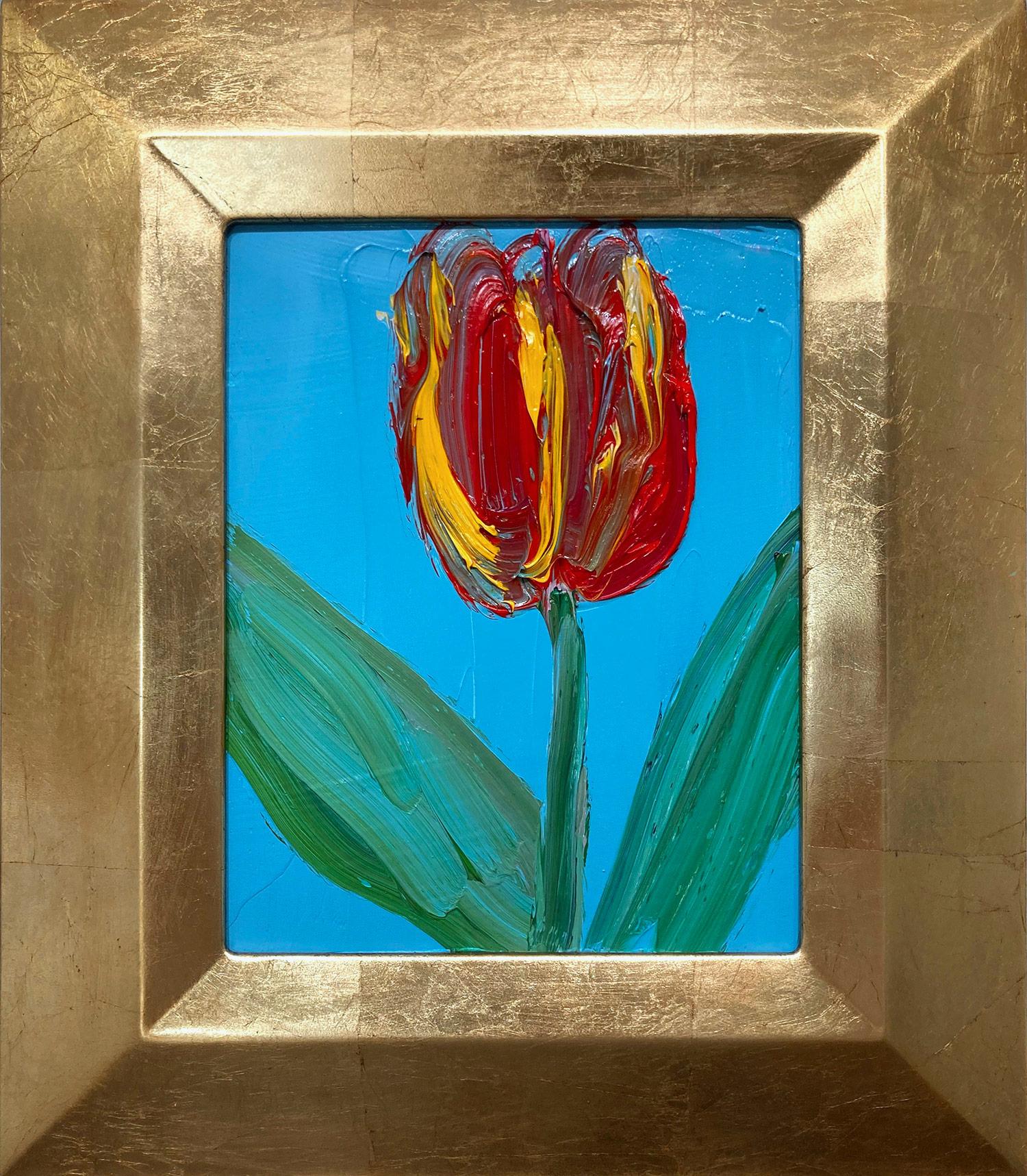 Abstract Painting Hunt Slonem - Peinture à l'huile Talley, tulipe rouge et jaune sur fond bleu céruléen