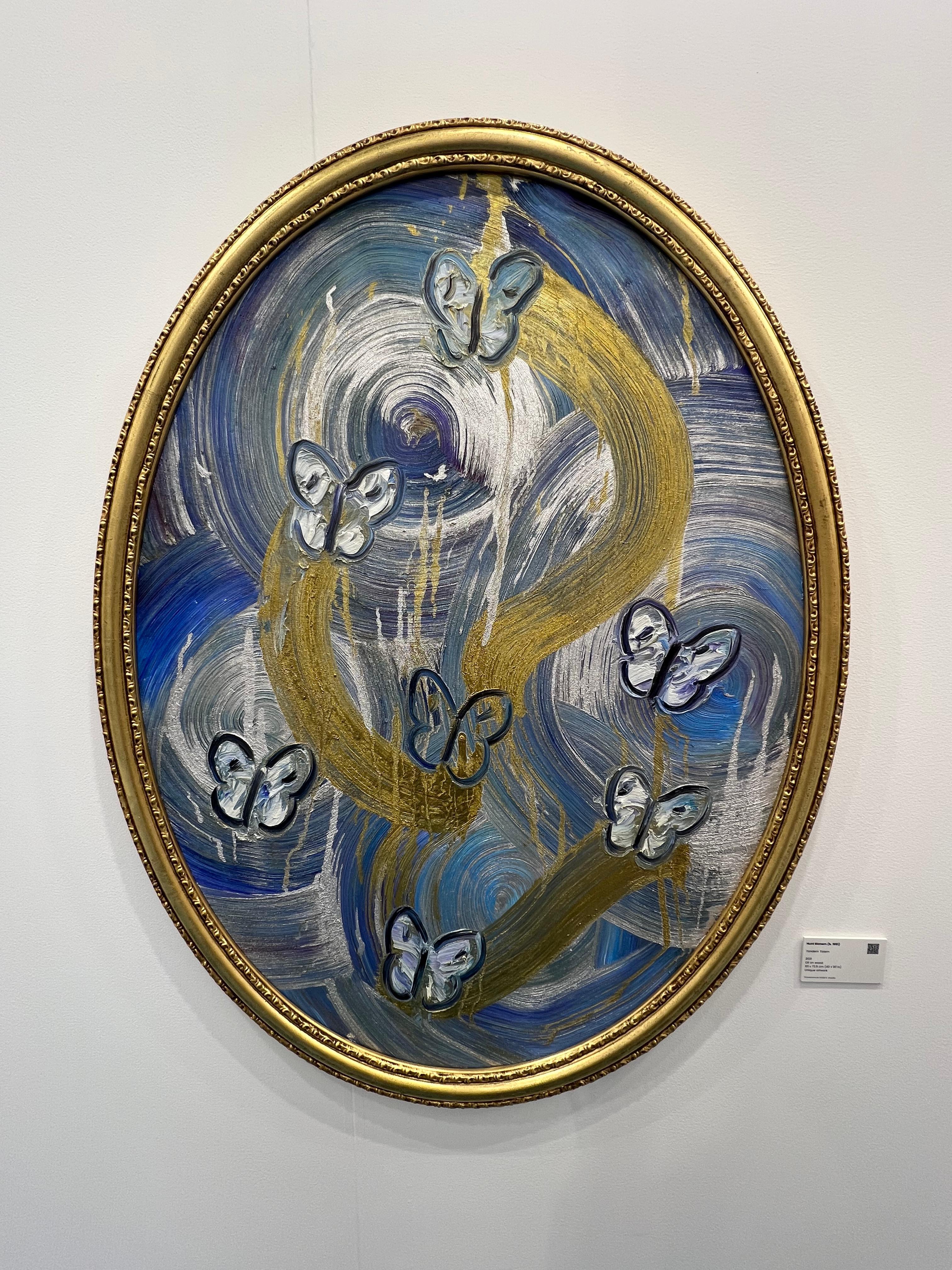 Original and unique artwork by Hunt Slonem.
Oil on wood
Artwork is framed, framed dimension 43.5 x 33.5 inches.
Signed Verso, titled and dated.

This striking artwork features a golden oval frame surrounding a dreamlike scene. Against a swirling