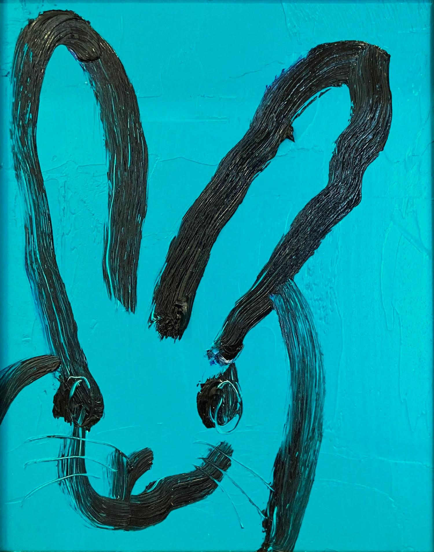 A wonderful composition of one of Slonem's most iconic subjects, Bunnies. This piece depicts a gestural figure of a black bunny on Teal Turquoise background with thick use of paint. It is housed in a wonderful antique frame. Inspired by nature and a