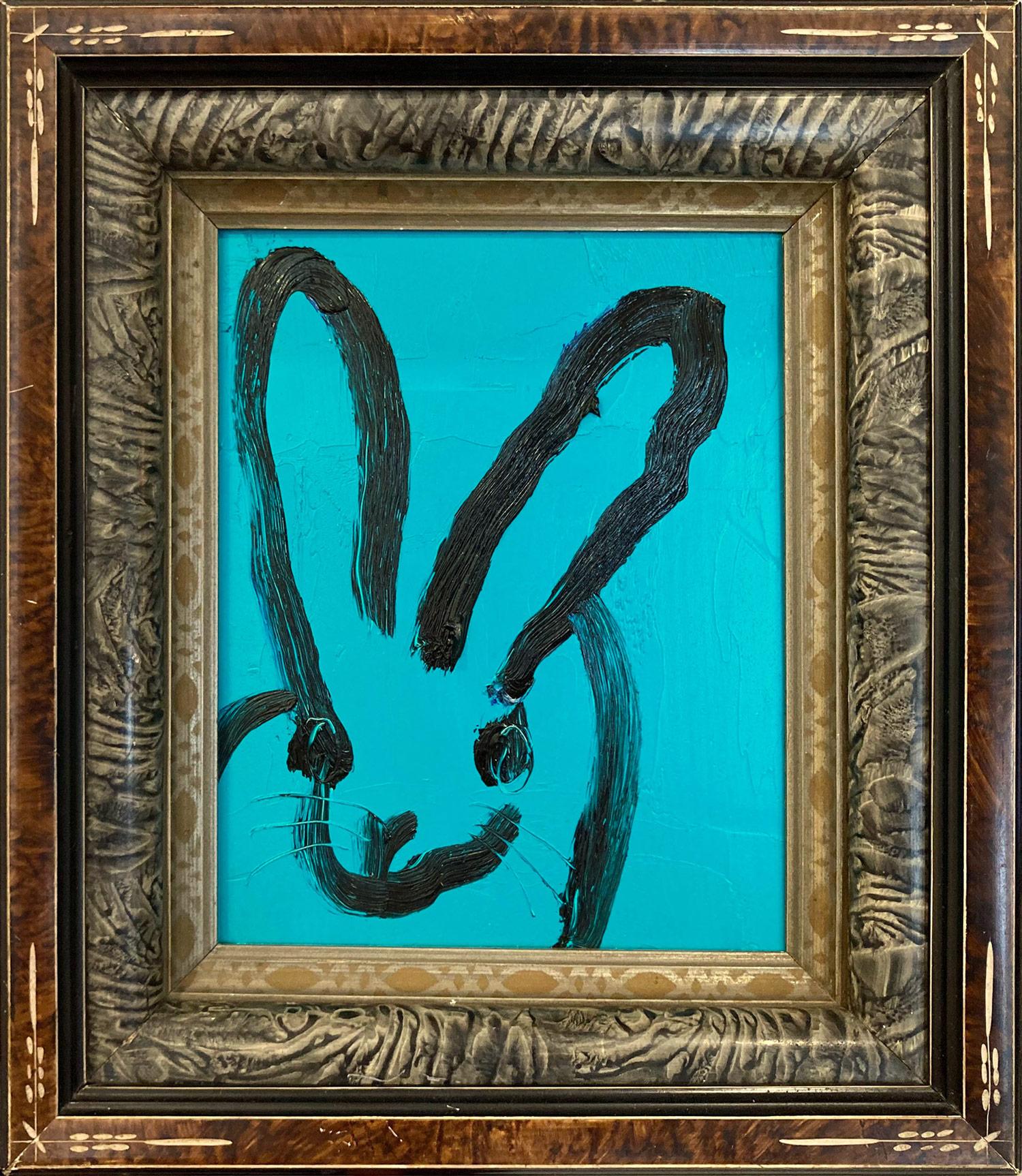 "Teal" Coniglietto dai contorni neri su pannello blu teal dipinto ad olio con cornice antica