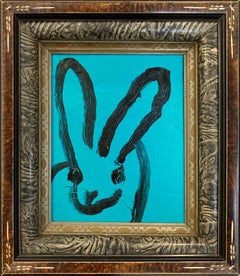 "Teal" Black Outline Bunny on Teal Blue Oil Painting on Panel in Antique Frame
