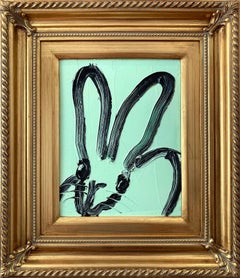 Peinture à l'huile « The Dup » représentant un chat noir aux contours arrondis sur fond vert corail clair