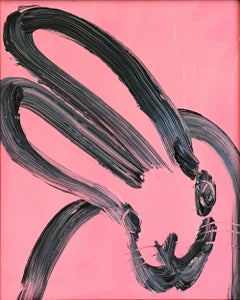 "The Gift" Black Outline Bunny on French Pink Background Oil Painting Framed
