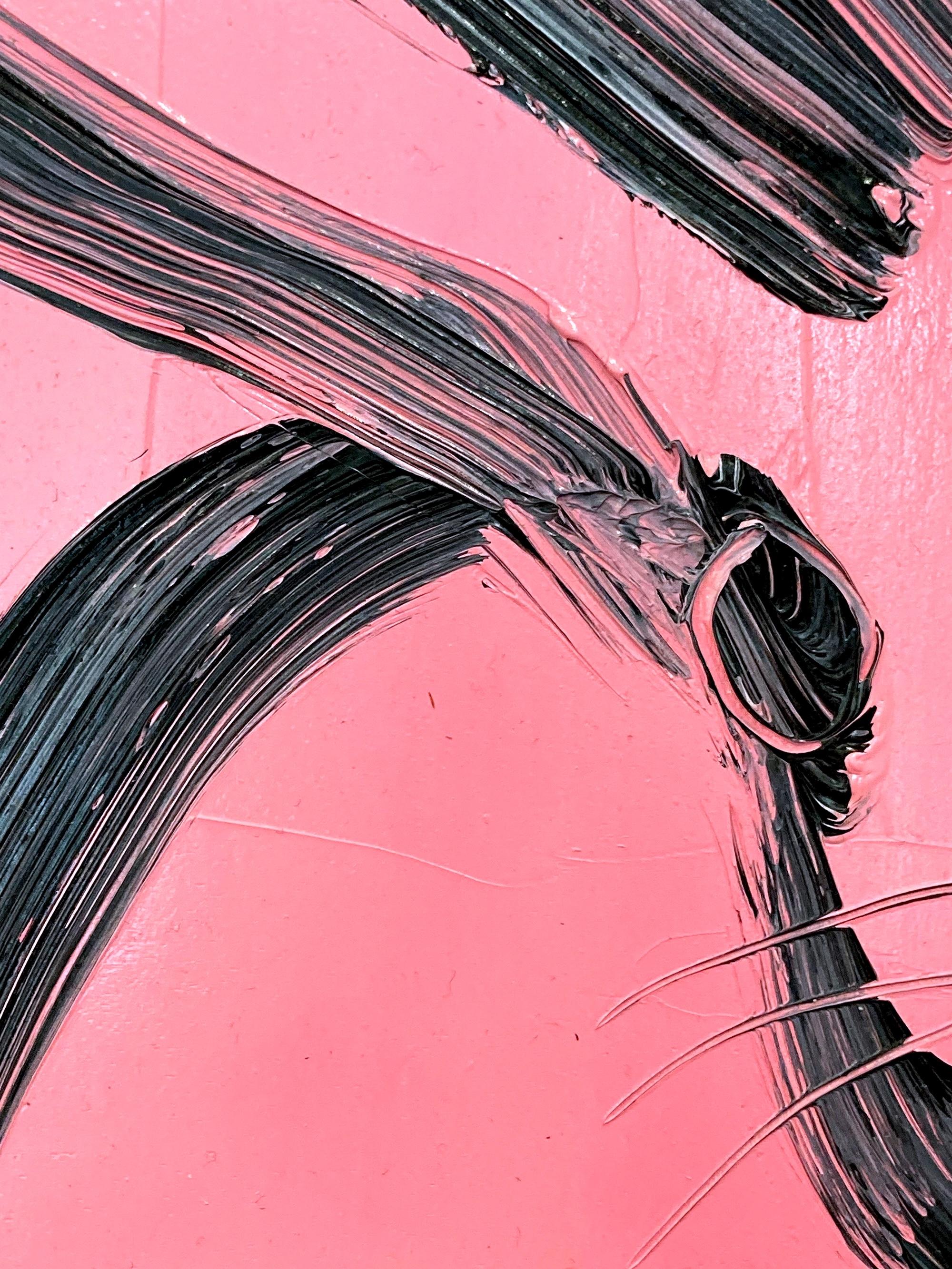 Eine wunderbare Komposition eines der ikonischsten Themen von Slonem, nämlich Hasen. Dieses Werk zeigt eine gestische Figur eines schwarzen Hasen auf einem Hintergrund in französischem Rosa mit dickem Farbauftrag. Es ist in einem wunderschönen