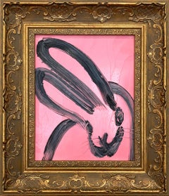 "The Gift" Black Outline Bunny on French Pink Background Oil Painting Framed