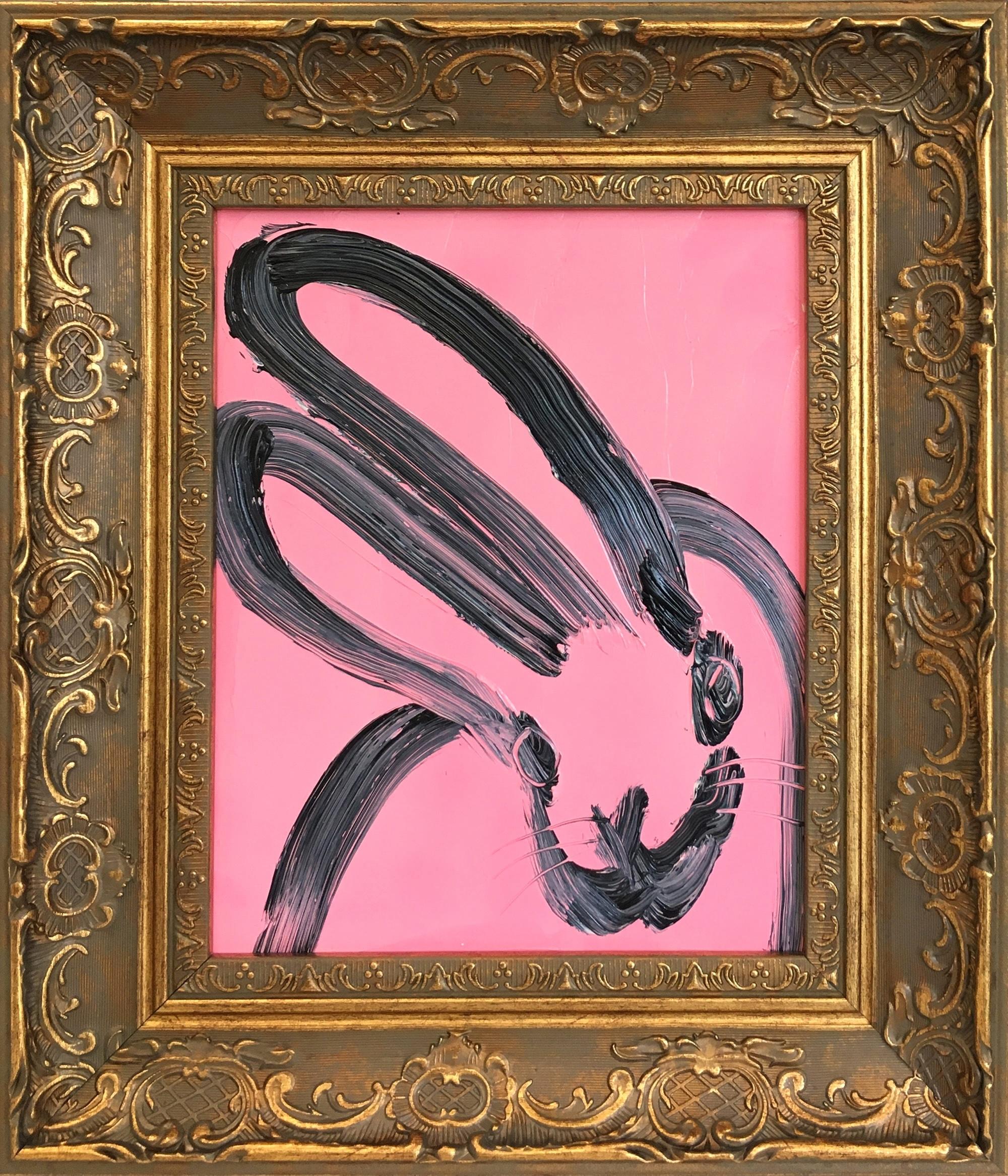 Hunt Slonem Abstract Painting – "Das Geschenk" Schwarzer Umriss Hase auf französischem rosa Hintergrund Ölgemälde Gerahmt