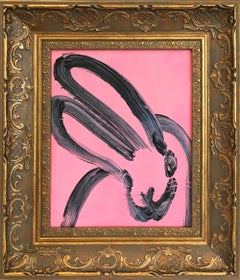 "The Gift" Black Outline Bunny on French Pink Background Oil Painting Framed