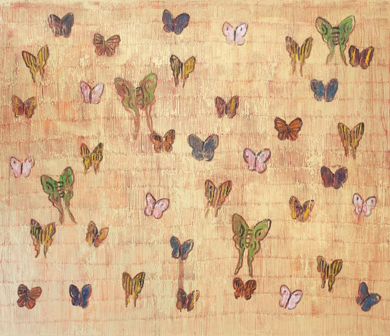 Hunt Slonem Figurative Painting - The Nile Red Butterflies "Butterfly Painting" Beautiful Gold Oil Painting