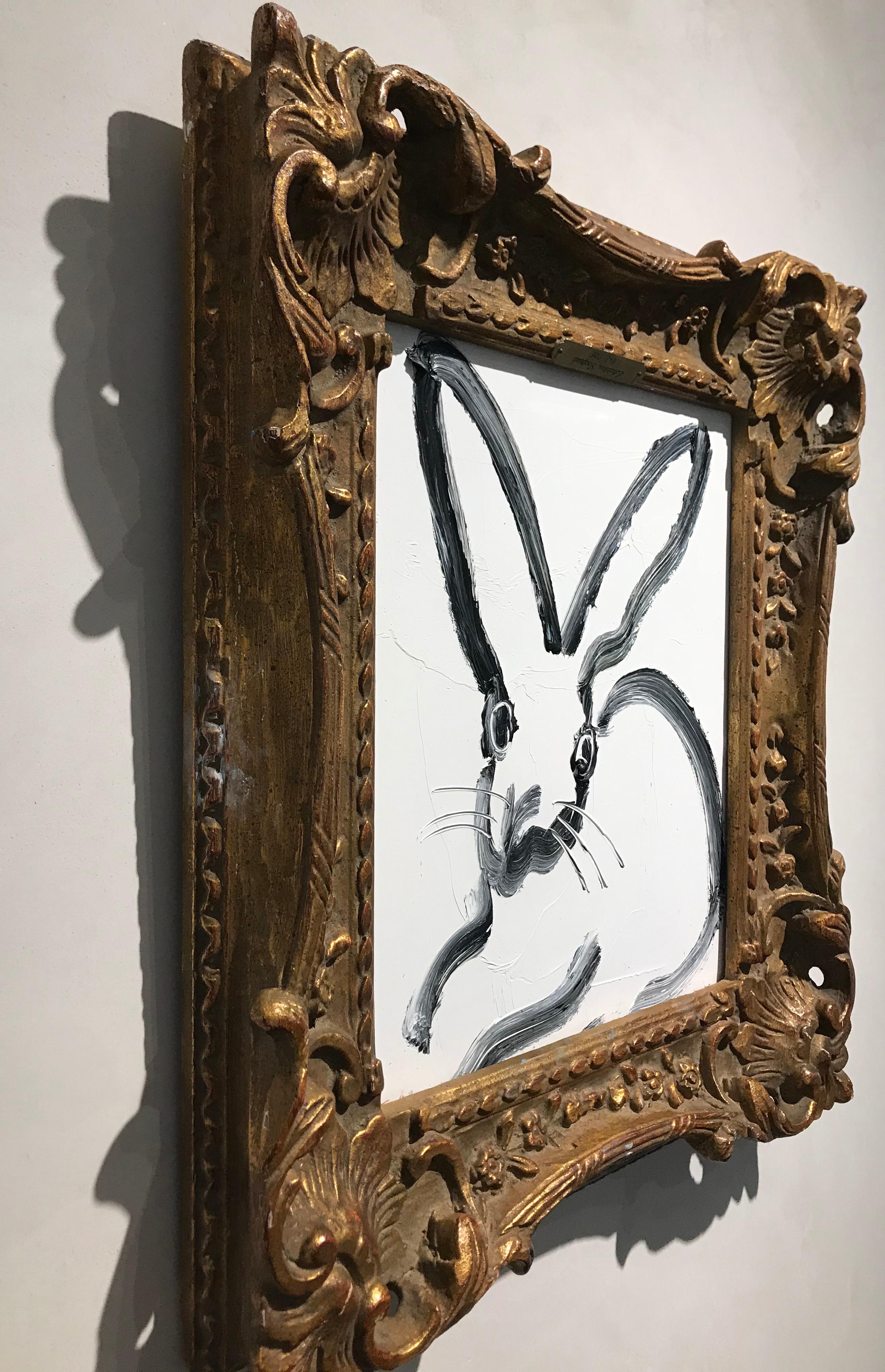 The Rabbit Hole- gestural white and black bunny painting in ornate frame - Neo-Expressionist Painting by Hunt Slonem