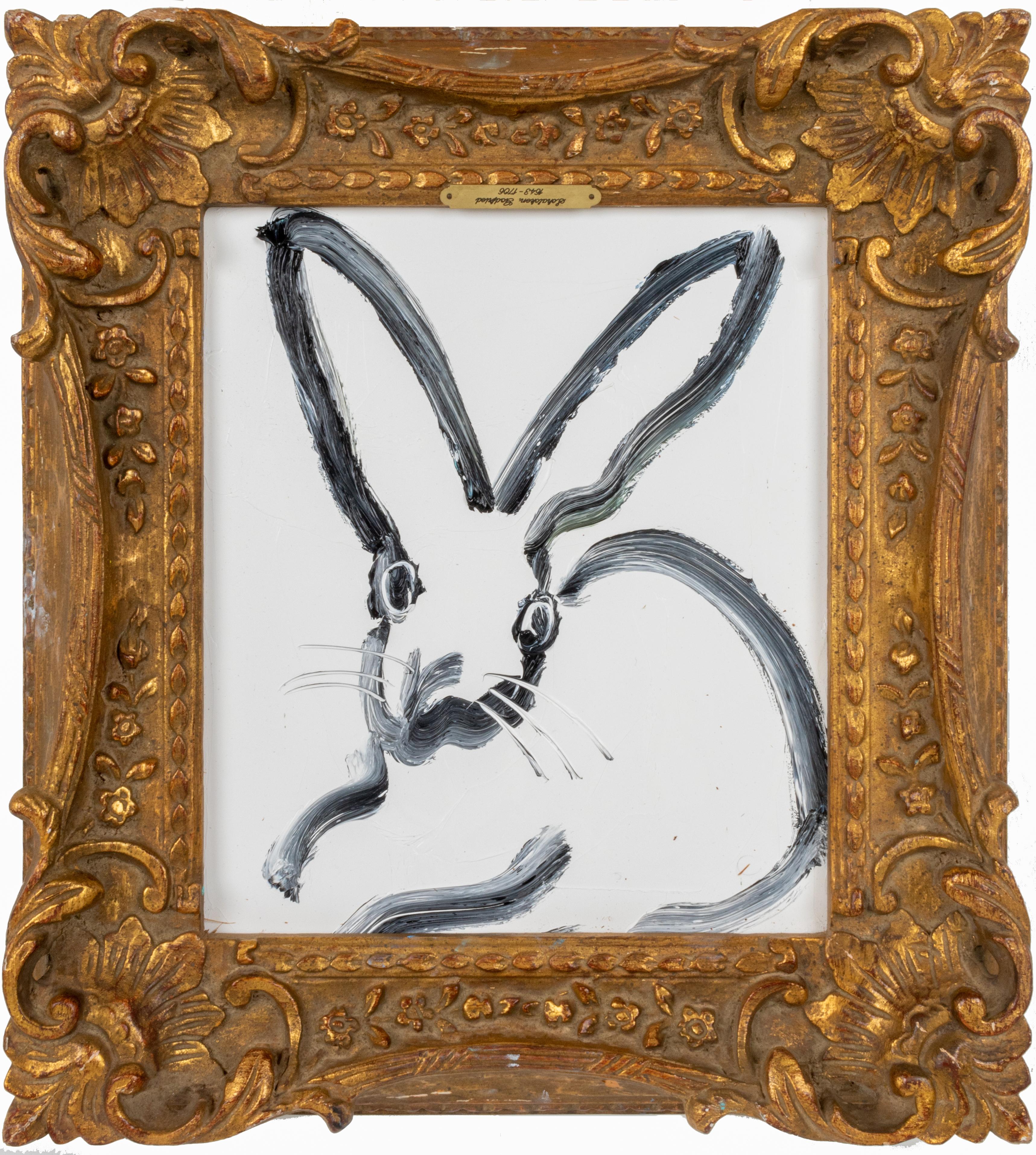 The Rabbit Hole- gestural white and black bunny painting in ornate frame - Painting by Hunt Slonem