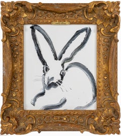 The Rabbit Hole- gestural white and black bunny painting in ornate frame