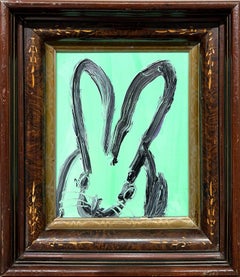 "Thomasine" Black Outline Bunny on Aqua Blue Oil Painting on Wood Panel Framed